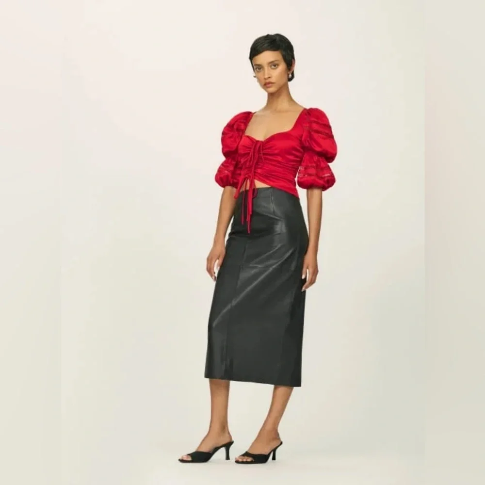 New! Reformation The Collection Winchester Puff Sleeve Blouse in Cherry Red 🍒 4